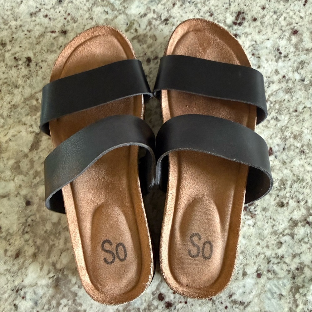 SO Black Double-Strap Slide Sandals with Brown Footbed